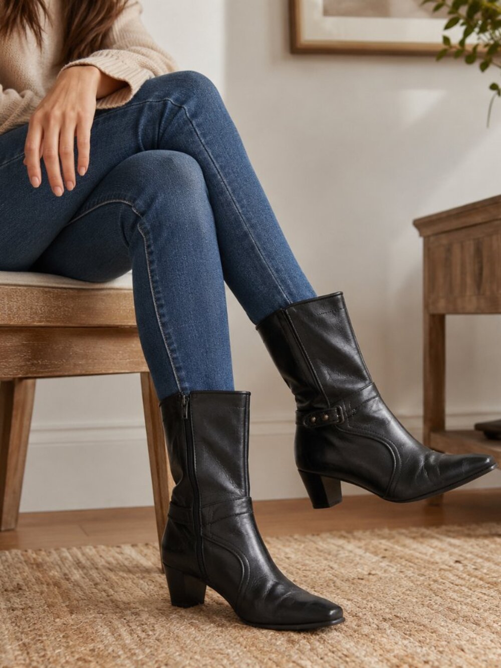 Cole Haan Janna Short Belt Boots Black Nappa Leather Mid-Calf Boots Women's 7.5B